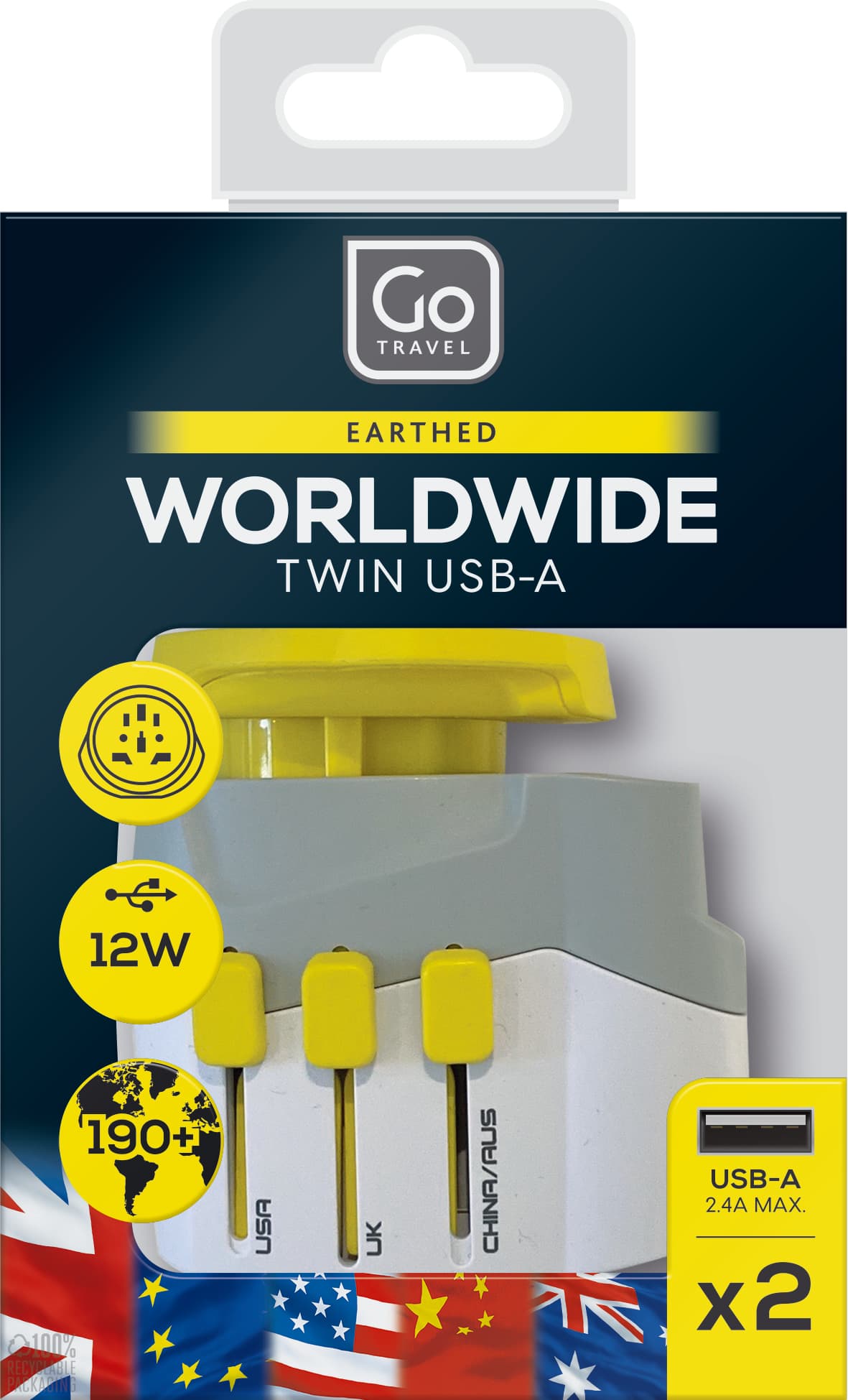 Worldwide Adaptor + Twin USB-A — Sunflower