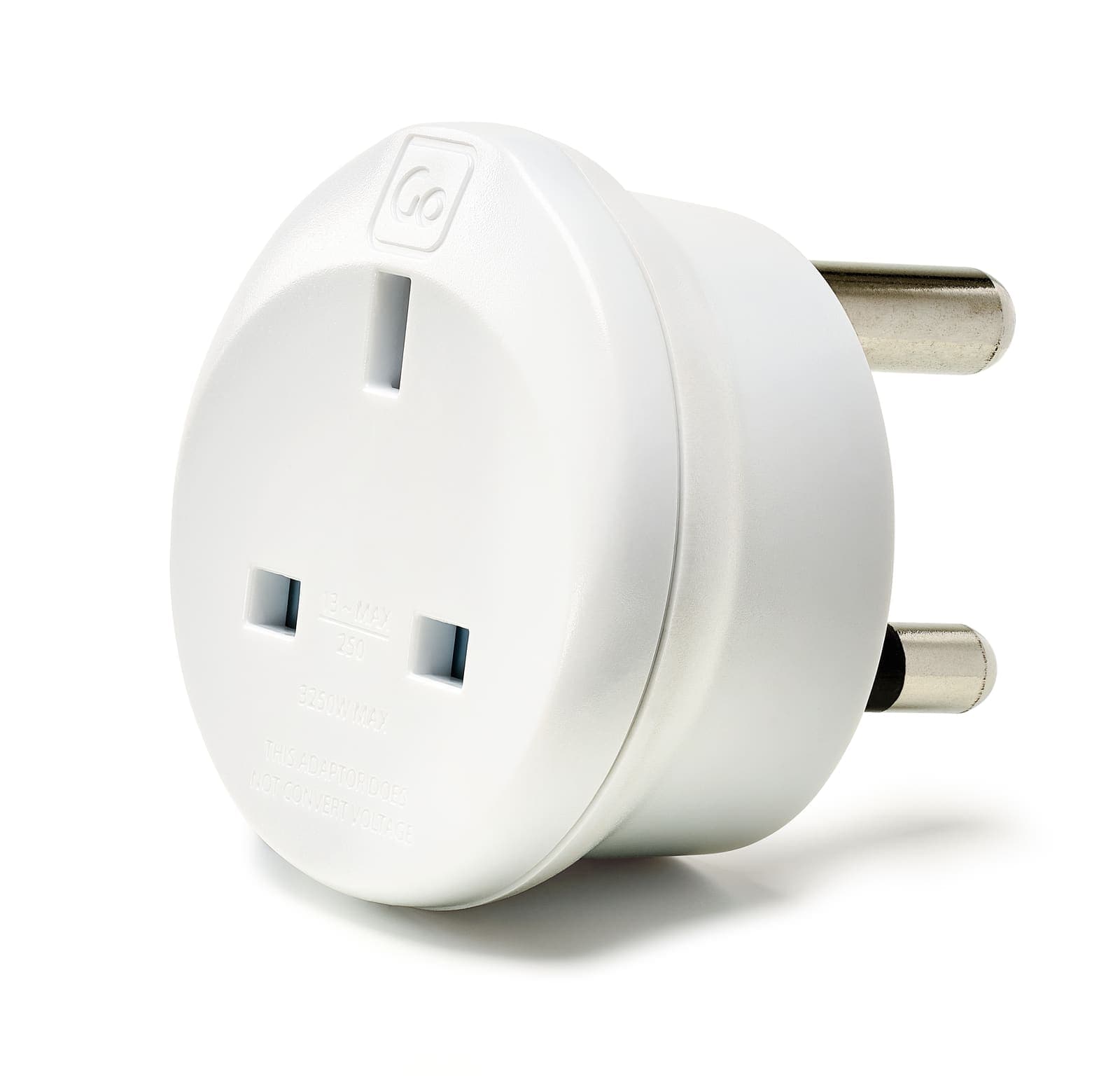White UK to South Africa travel adapter with UK socket and South African plug.